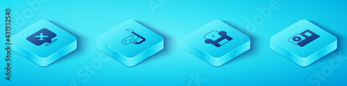 Set Isometric Speech bubble with airplane, Diving mask and snorkel, Action camera and Armchair icon. Vector