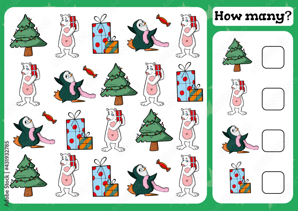 Fototapeta premium Counting Game for Preschool Children. Count how many Educational a mathematical game. Vector illustration