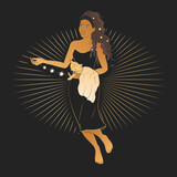 Celestial woman with a cat sacred astrology feminine boho esoteric golden and black black art. Moon and star magic vector.
