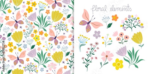 Spring and summer set with seamless pattern and floral elements isolated on white 
