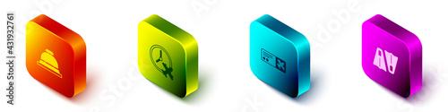 Set Isometric Hotel service bell, Clock with airplane, Airline ticket and Rubber flippers for swimming icon. Vector