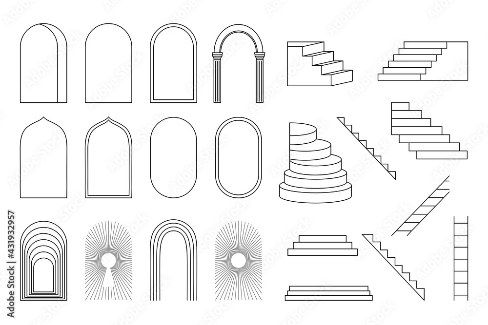 Set of arches and stairs. Vector illustration of frames - obrazy, fototapety, plakaty 