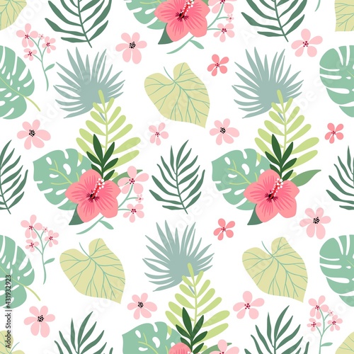 Tropical seamless pattern with hibiscus, flowers and leaves, summer design