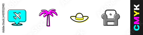 Set Speech bubble with airplane, Tropical palm tree, Elegant women hat and Armchair icon. Vector
