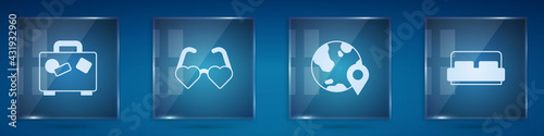 Set Suitcase, Heart shaped love glasses, Location on the globe and Hotel room bed. Square glass panels. Vector