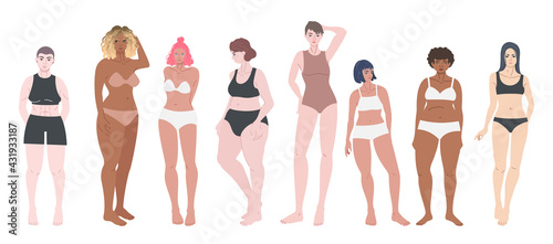 Different women figures in row. Set of isolated portraits of young girls