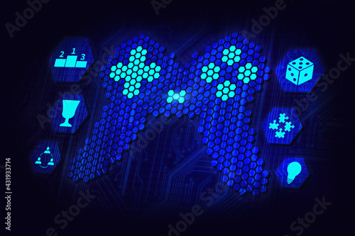 gamification in business processes, game development concept in neon dark background