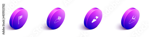 Set Isometric Cone windsock wind vane, Windy weather, Sun and cloud and Cloud with moon icon. Vector