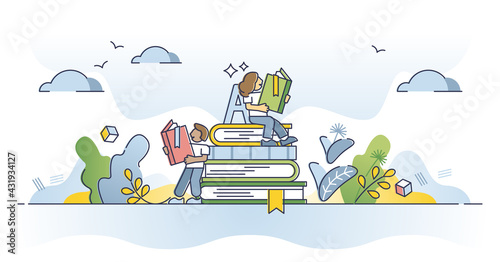 Reading books and course learning from library literature outline concept. Academic study and cognition process vector illustration. Personal knowledge and wisdom development at school or university.
