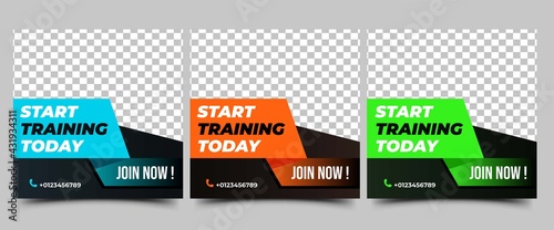 Gym, fitness, and workout social media post template design. Set of modern banner design with blue, orange, and green color shape. Usable for social media, flyers, banners, and websites.