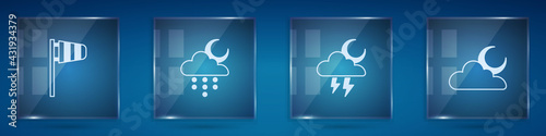 Set Cone windsock wind vane, Cloud with rain and moon, Storm and . Square glass panels. Vector