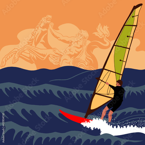 The athlete is engaged in surfing under a sail on waves.