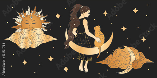 Celestial African American woman sacred astrology feminine boho esoteric golden and black black art. Moon and star magic golden vector.