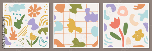 Set of seamless patterns with abstract compositions. Hand drawn simple doodle shapes and natural elements. Minimalism, pastel earth tones. Vector backgrounds for modern designs and projects