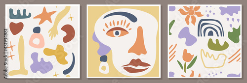 Abstract poster with a woman's portrait and seamless patterns with minimalist compositions. Hand-drawn simple doodle shapes, natural elements. pastel earth tones. Vector print on clothes