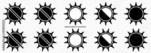 An icon pack for adjusting brightness or contrast for applications, websites, and electronic products. Sun icon with different levels of brightness, saturation or contrast. Vector elements.