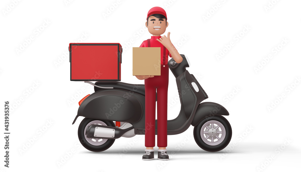 Delivery man hold a parcel box with delivery motorcycle, 3d rendering.