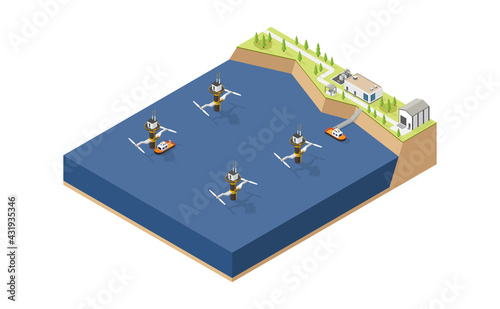 tidal energy, tidal power plant in isometric graphic