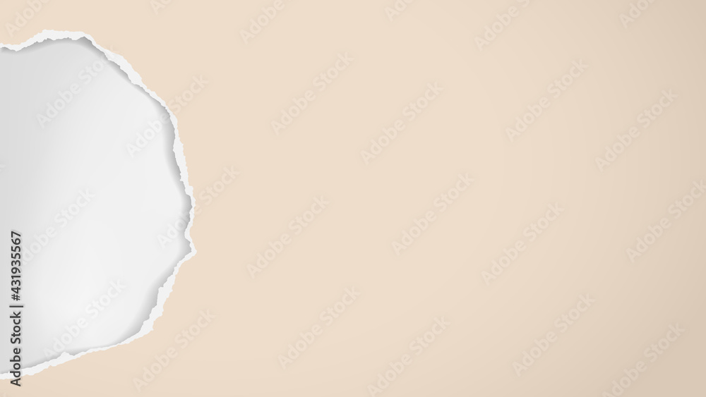 Torn, ripped beige paper hole with soft shadow is on white background for text. Vector illustration