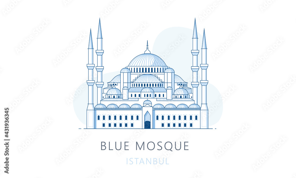 Blue mosque, Istambul. The famous landmark of Istanbul, tourists attraction place, skyline vector illustration, line graphics for web pages, mobile apps and polygraphy.