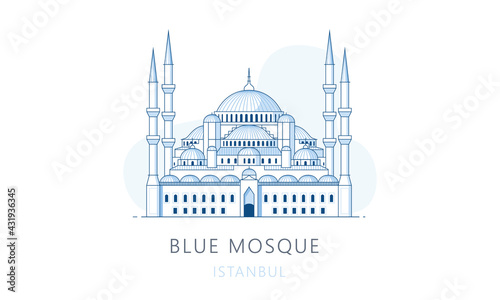 Blue mosque, Istambul. The famous landmark of Istanbul, tourists attraction place, skyline vector illustration, line graphics for web pages, mobile apps and polygraphy.