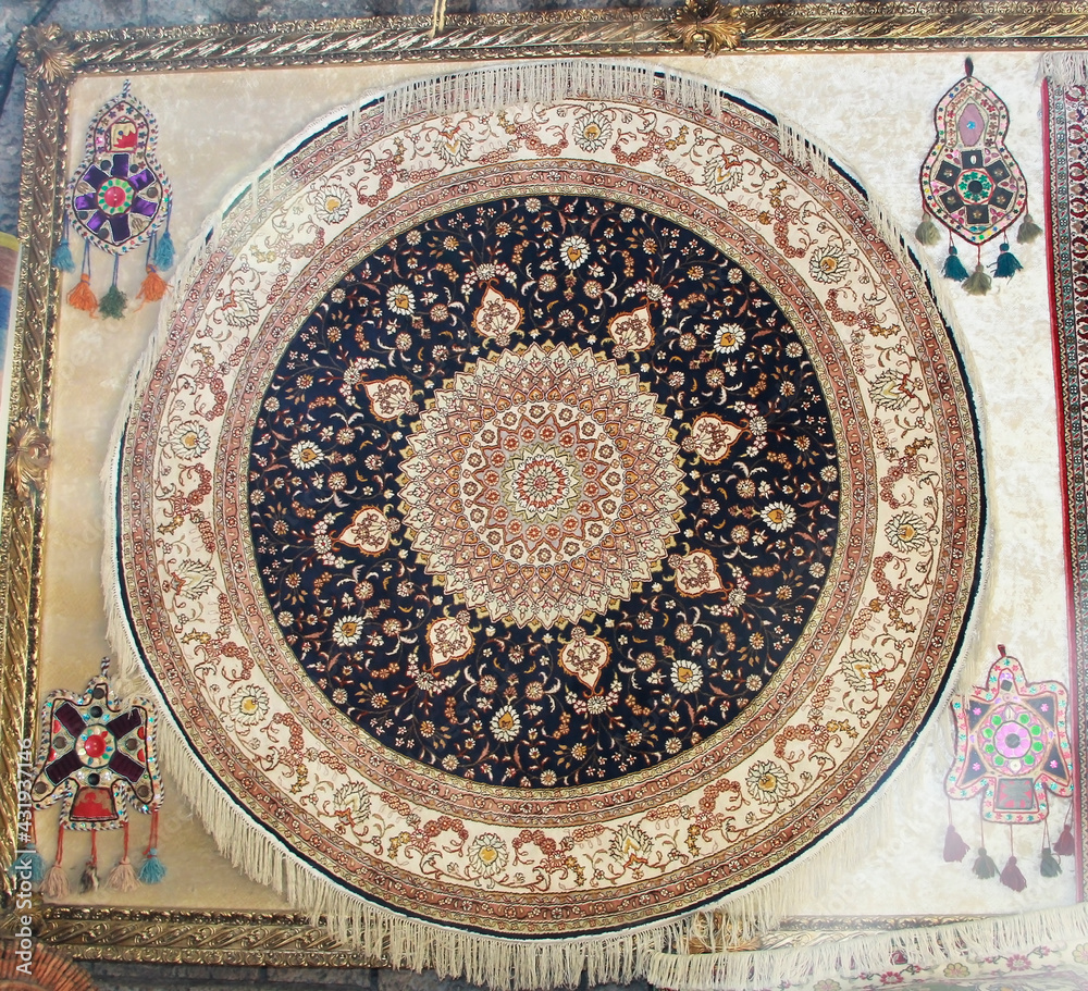 Antalya, Turkey, April 26, 2021. Vintage handmade carpets with oriental ornaments