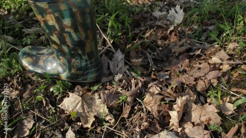 Feet in rubber boots walk through the foliage in the spring forest
