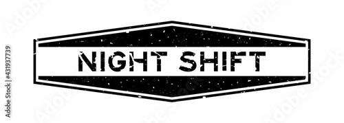Grunge black night shift word hexagon rubber seal stamp on white background