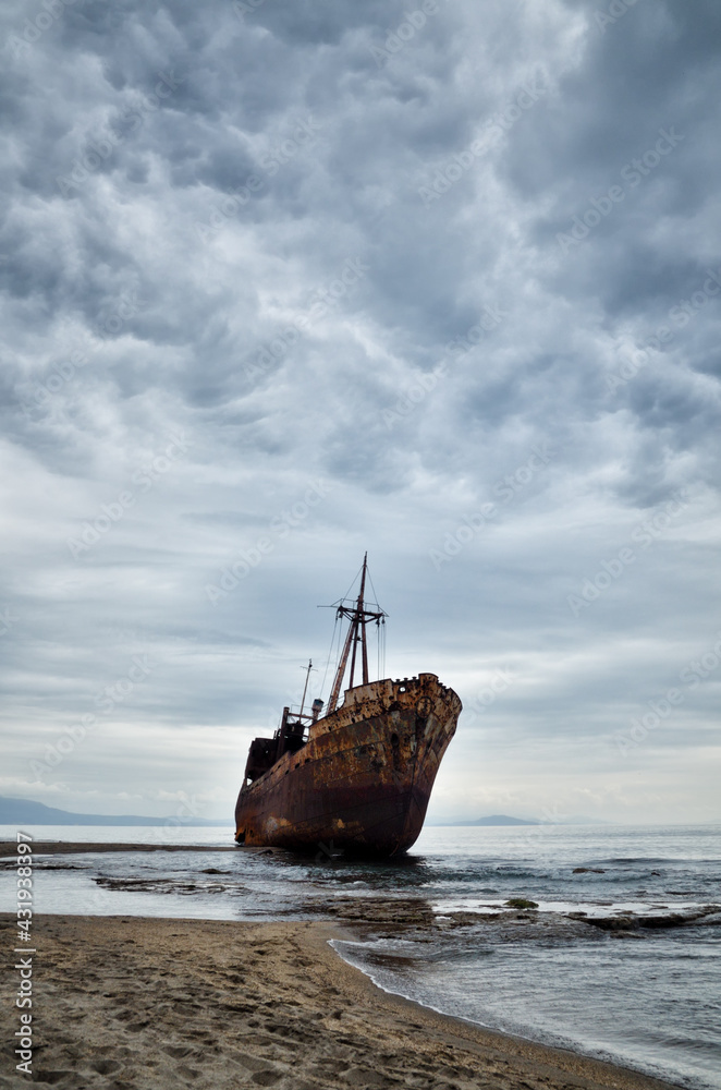 Dimitrios is an old ship wrecked on the Greek coast and abandoned on the beach Dimitrios is an old ship wrecked on the Greek coast and abandoned on the beach