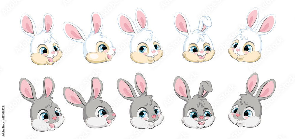 Set of cute cartoon rabbits heads vector Set of cute cartoon rabbits heads vector
