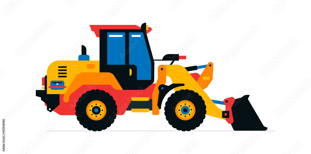 Construction machinery, front-end loader, tractor, excavator. Commercial vehicles for work on the construction site. Vector illustration isolated on white background Construction machinery, front-end loader, tractor, excavator. Commercial vehicles for work on the construction site. Vector illustration isolated on white background