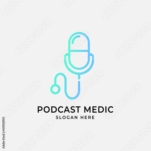 Modern and simple logo design for podcast medical with pill and mic concept