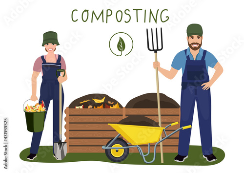 Composting. Man and woman making compost. Zero waste concept. Vector illustration.