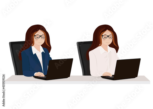 Young woman at the desk is working on the laptop computer. Business lady or company worker. Vector illustration.