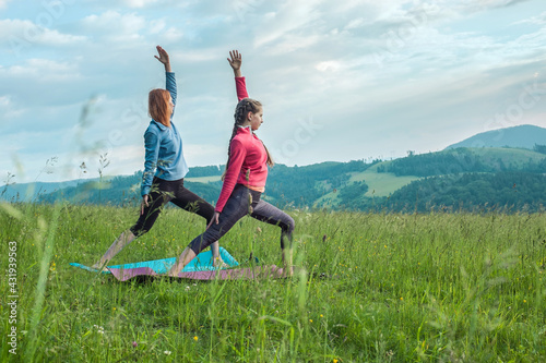 Yoga in nature, fresh air in park. Group of sporty women practicing pose together, stretching health on top of mountain in meadow at sunrise, zen wellness. Teamwork, good mood life.