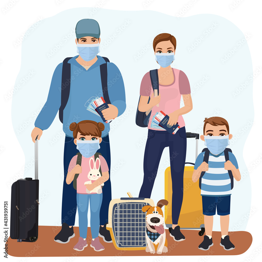 Family with two kids in medical protection masks. Traveling during outbreak of coronavirus epidemic. Vector illustration. Family with two kids in medical protection masks. Traveling during outbreak of coronavirus epidemic. Vector illustration.