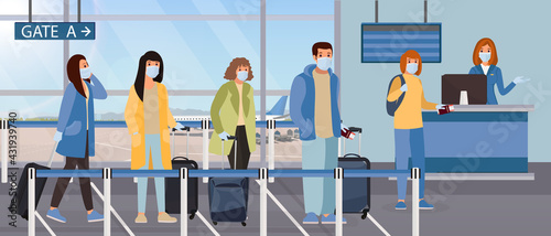 People staying in the line in the airport and keeping social distance during coronavirus pandemic. People in medical masks to be protected from coronavirus.