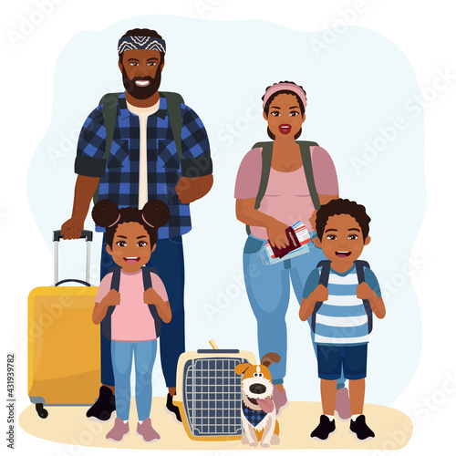 Family with two kids and dog in airport terminal. Vector illustration. 