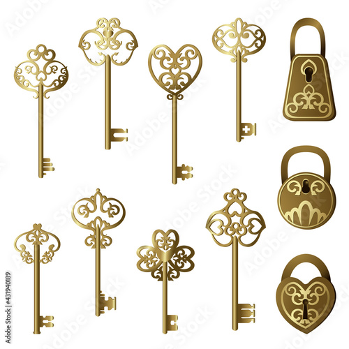 Set of vintage keys and locks on a white isolated background. Vector illustration.