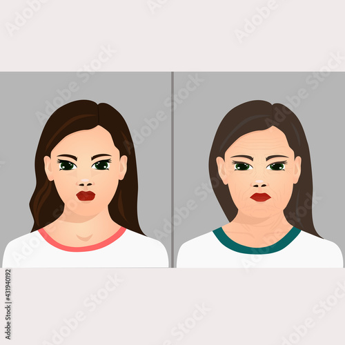 The aging process of a woman. Vector illustration.