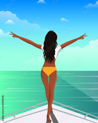 Digital illustration of a girl in summer on vacation swims on a yacht