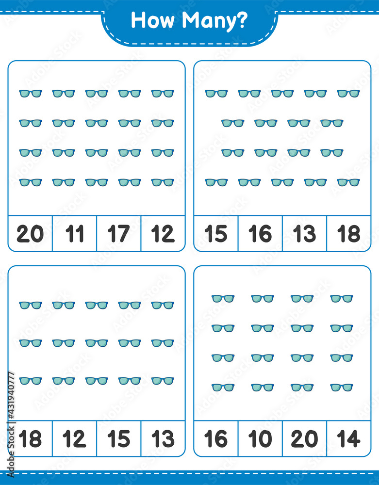 Counting game, how many Sunglasses. Educational children game, printable worksheet, vector illustration Counting game, how many Sunglasses. Educational children game, printable worksheet, vector illustration