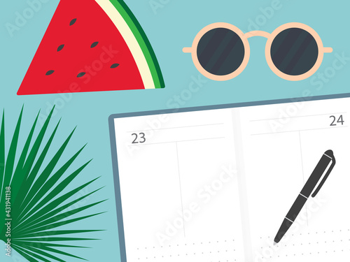 open calendar with pen, watermelon, palm leaf, sunglasses; making summer plan concept - vector illustration