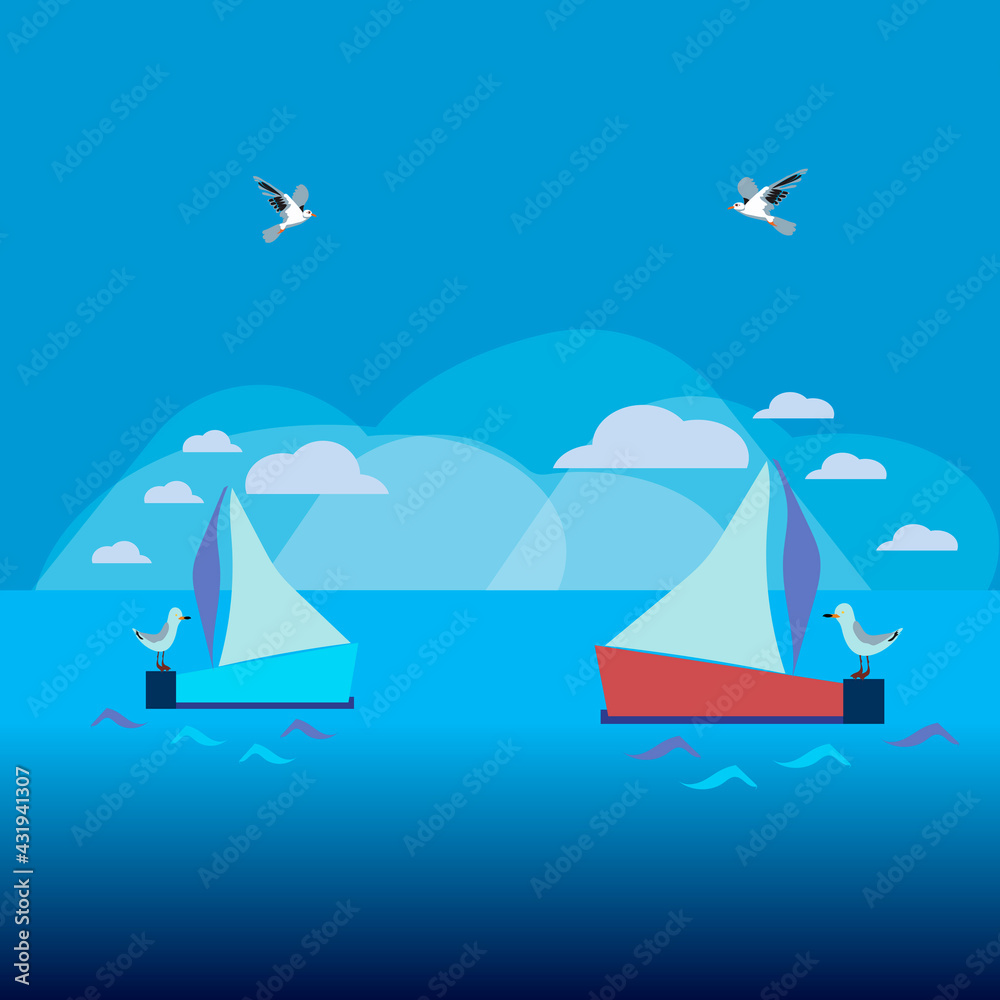 Summer seascape background, yachts and birds in the sky,