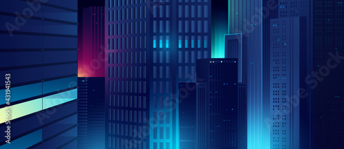 Futuristic night city. Cityscape on a dark background with bright and glowing neon lights. Cyberpunk and retro wave style illustration photo