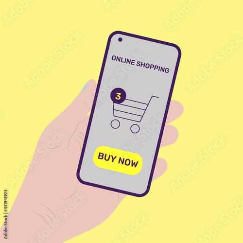 Human hand holding smartphone with buy button on the screen. Online shopping banner, mobile app templates, concept vector illustration flat design. 