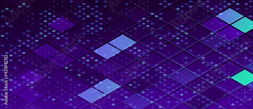 Modern technology background with square grid. Futuristic isometric illustration. Digital geometric abstraction with lines and points
