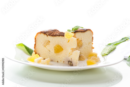 sweet baked cottage cheese casserole with nuts and candied fruits