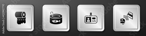 Set Toilet paper roll, Canned fish, Identification badge and POS terminal with credit card icon. Silver square button. Vector