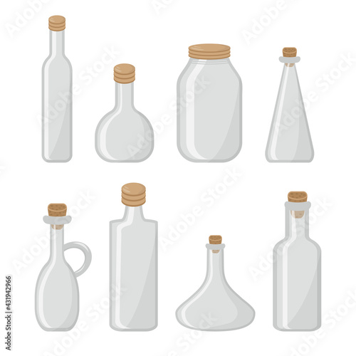 Set vector templates of empty transparent glass bottles. Packaging vector. Mock up template blank for product packing advertisement. 